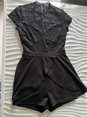 privy Black Lace Mock-Neck Romper with Skort Overlay